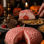 The whole, homemade, spooky, and "bloody" No-Bake Cheesecake Brain being served as the centerpiece at a fun and sophisticated Halloween party.