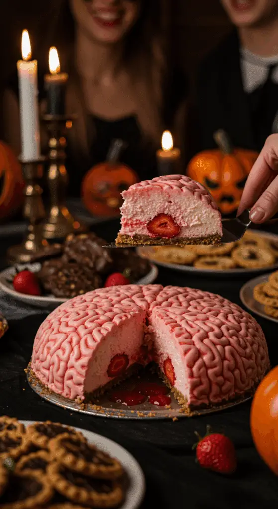 The whole, homemade, spooky, and "bloody" No-Bake Cheesecake Brain being served as the centerpiece at a fun and sophisticated Halloween party.