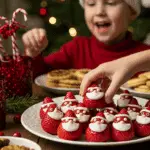 A large platter of homemade, cute, and festive Strawberry Santas being served at a fun and casual Christmas party.