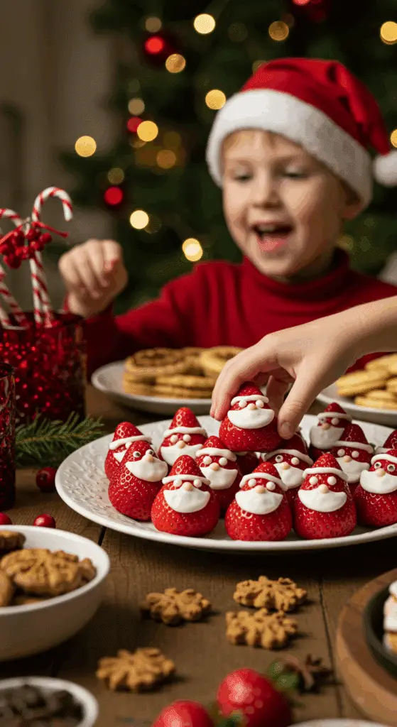 A large platter of homemade, cute, and festive Strawberry Santas being served at a fun and casual Christmas party.
