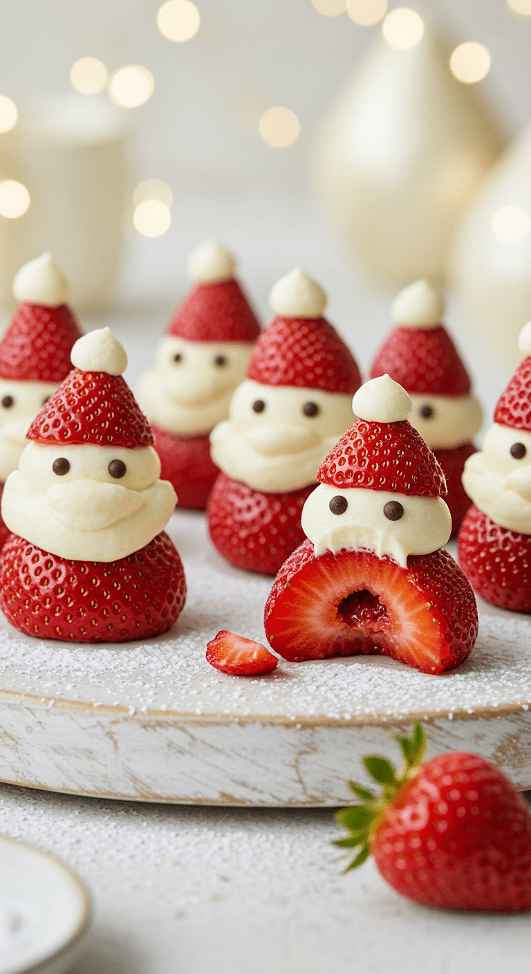 A beautiful, rustic platter of homemade, festive, and cute Strawberry Santas, with a white mascarpone frosting beard and chocolate chip eyes.