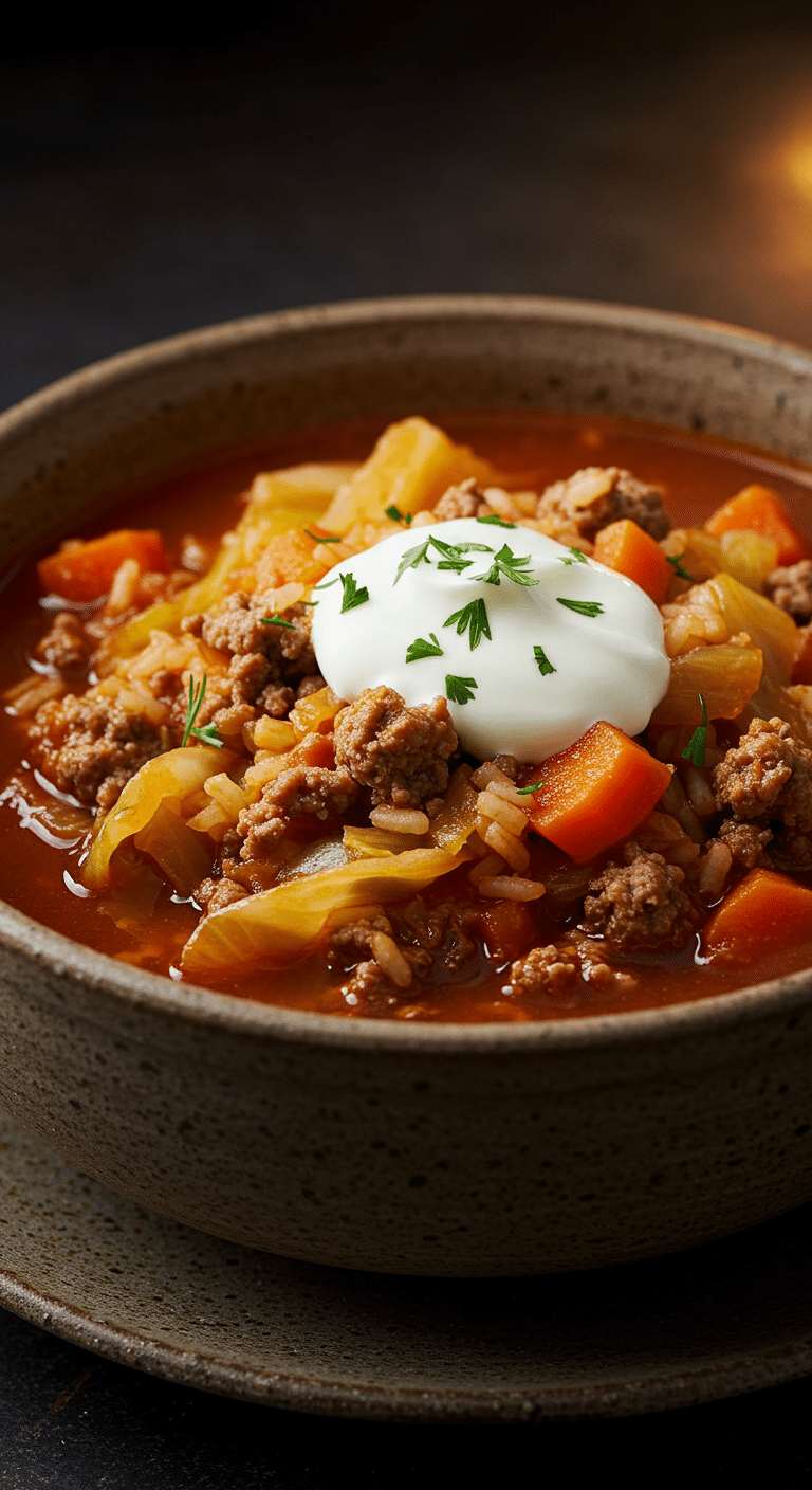 A beautiful, rustic bowl of homemade, hearty, and thick One-Pot Stuffed Cabbage Soup, garnished with a dollop of sour cream and fresh parsley.