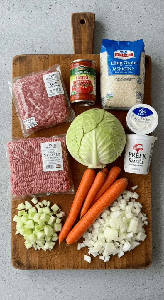 The simple, from-scratch ingredients for the classic and hearty One-Pot Stuffed Cabbage Soup recipe.