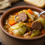 A cozy bowl of homemade, hearty Stuffed Cabbage Soup being served for a casual family dinner.