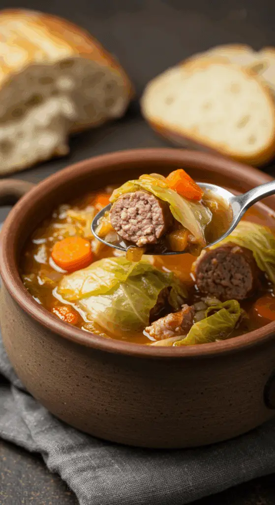 A cozy bowl of homemade, hearty Stuffed Cabbage Soup being served for a casual family dinner.