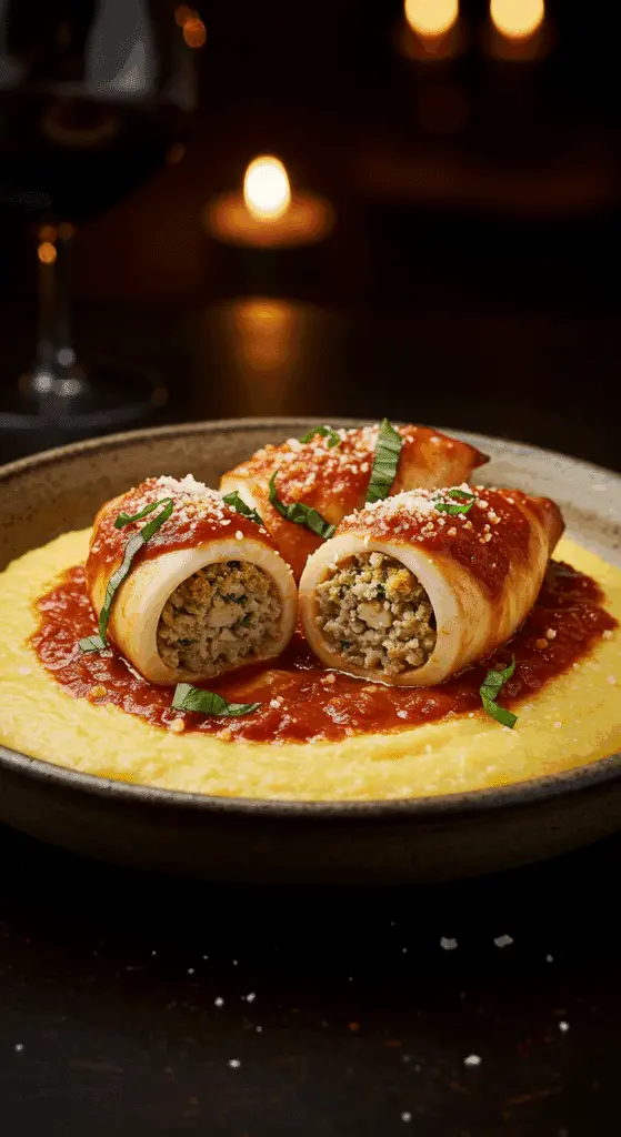 A beautiful, rustic bowl of homemade, impressive Stuffed Calamari, with a rich red tomato sauce served over creamy polenta, with one calamari sliced to show the stuffing inside.