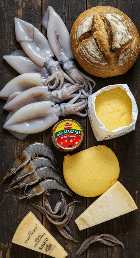 The simple, from-scratch ingredients for the classic and impressive Shrimp-Stuffed Calamari with Polenta.