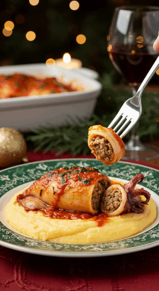 A festive plate of a homemade, elegant, and saucy Stuffed Calamari, being served over creamy polenta at a Christmas Eve dinner.