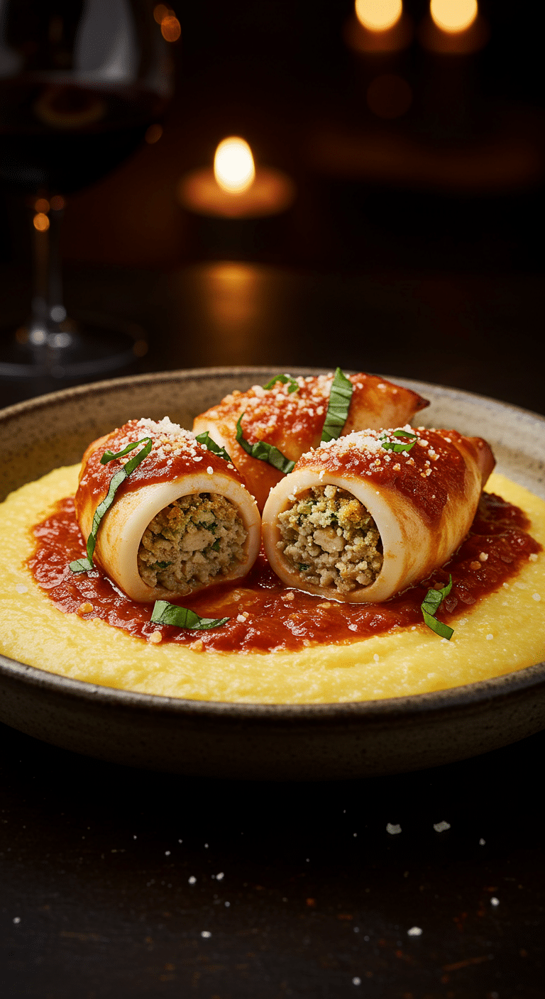 A beautiful, rustic bowl of homemade, impressive Stuffed Calamari, with a rich red tomato sauce served over creamy polenta, with one calamari sliced to show the stuffing inside.