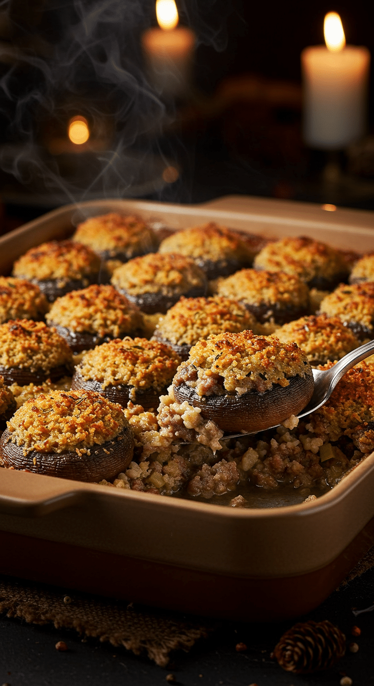 A beautiful, rustic baking dish of homemade, easy, and from-scratch Stuffed Mushroom Stuffing, with a golden-brown, crispy stuffed mushroom topping.