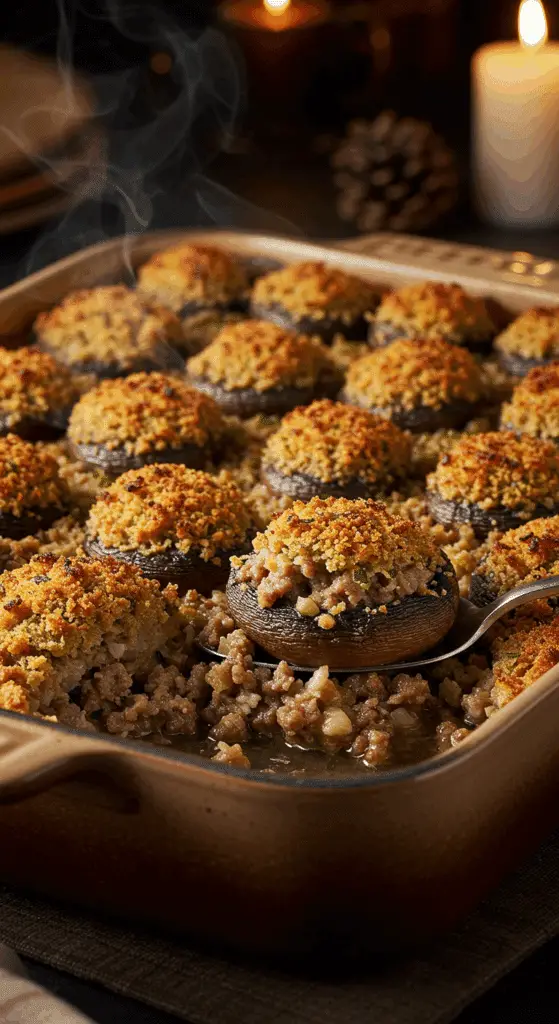 A beautiful, rustic baking dish of homemade, easy, and from-scratch Stuffed Mushroom Stuffing, with a golden-brown, crispy stuffed mushroom topping.