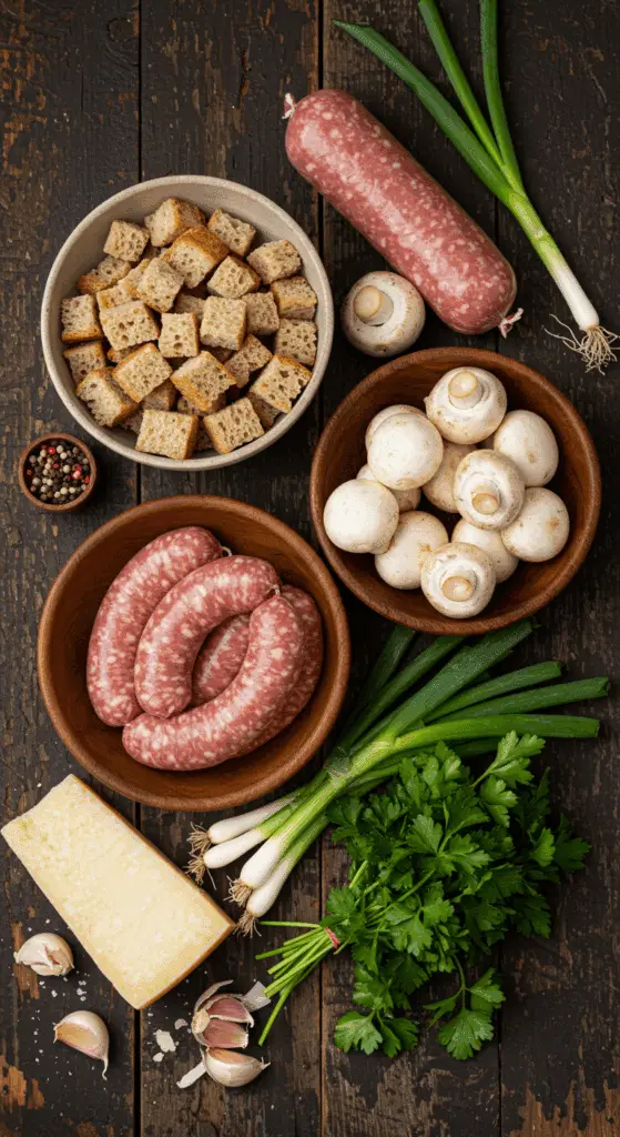 The simple, from-scratch ingredients for the classic and impressive Holiday Stuffed Mushroom Stuffing.