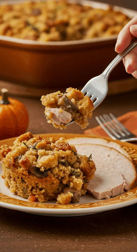 A beautiful plate of a homemade, elegant, and crispy-topped Stuffed Mushroom Stuffing, being served with a thick slice of a roasted turkey at a Thanksgiving dinner.