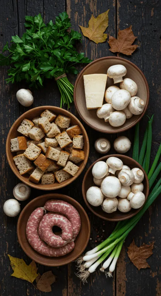 The simple, from-scratch ingredients for the classic and impressive Holiday Stuffed Mushroom Stuffing.