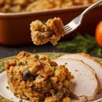 A beautiful plate of a homemade, elegant, and crispy-topped Stuffed Mushroom Stuffing, being served with a thick slice of a roasted turkey at a Thanksgiving dinner.