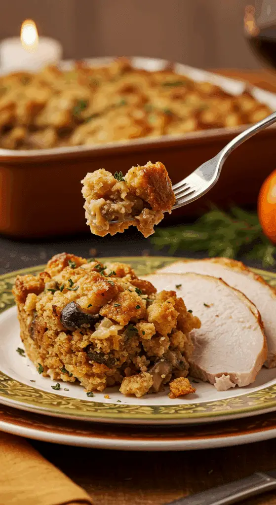 A beautiful plate of a homemade, elegant, and crispy-topped Stuffed Mushroom Stuffing, being served with a thick slice of a roasted turkey at a Thanksgiving dinner.