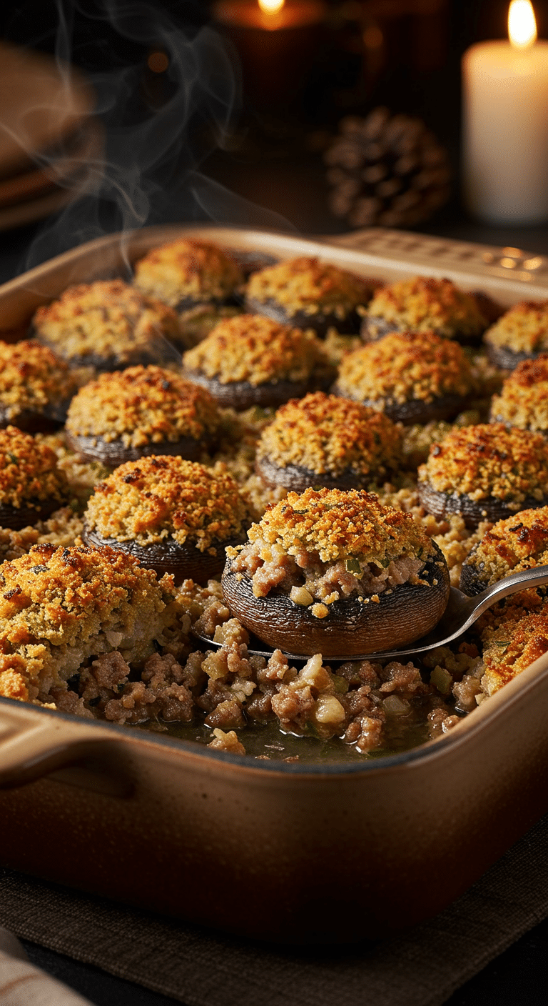 A beautiful, rustic baking dish of homemade, easy, and from-scratch Stuffed Mushroom Stuffing, with a golden-brown, crispy stuffed mushroom topping.