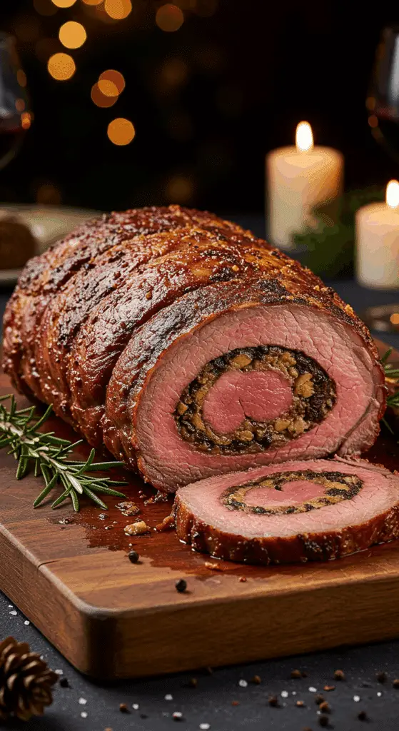 A beautiful, rustic cutting board with a homemade, juicy, and impressive Holiday Stuffed Rib Roast, with a crispy crust and a perfect, rosy-pink interior with a spiral stuffing.