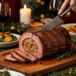 The whole, homemade, impressive, and crusted Stuffed Rib Roast being carved as the centerpiece at a fun and sophisticated Christmas party.