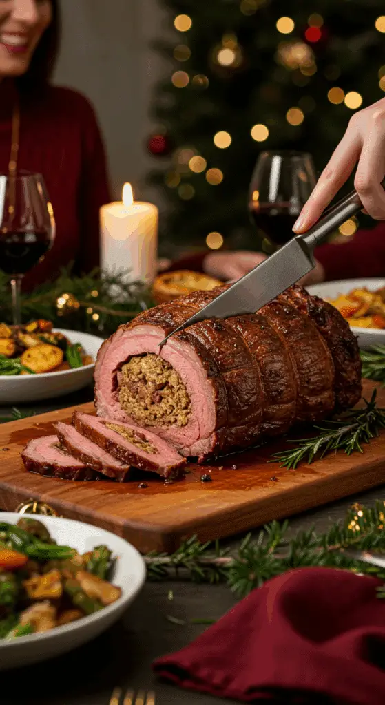 The whole, homemade, impressive, and crusted Stuffed Rib Roast being carved as the centerpiece at a fun and sophisticated Christmas party.