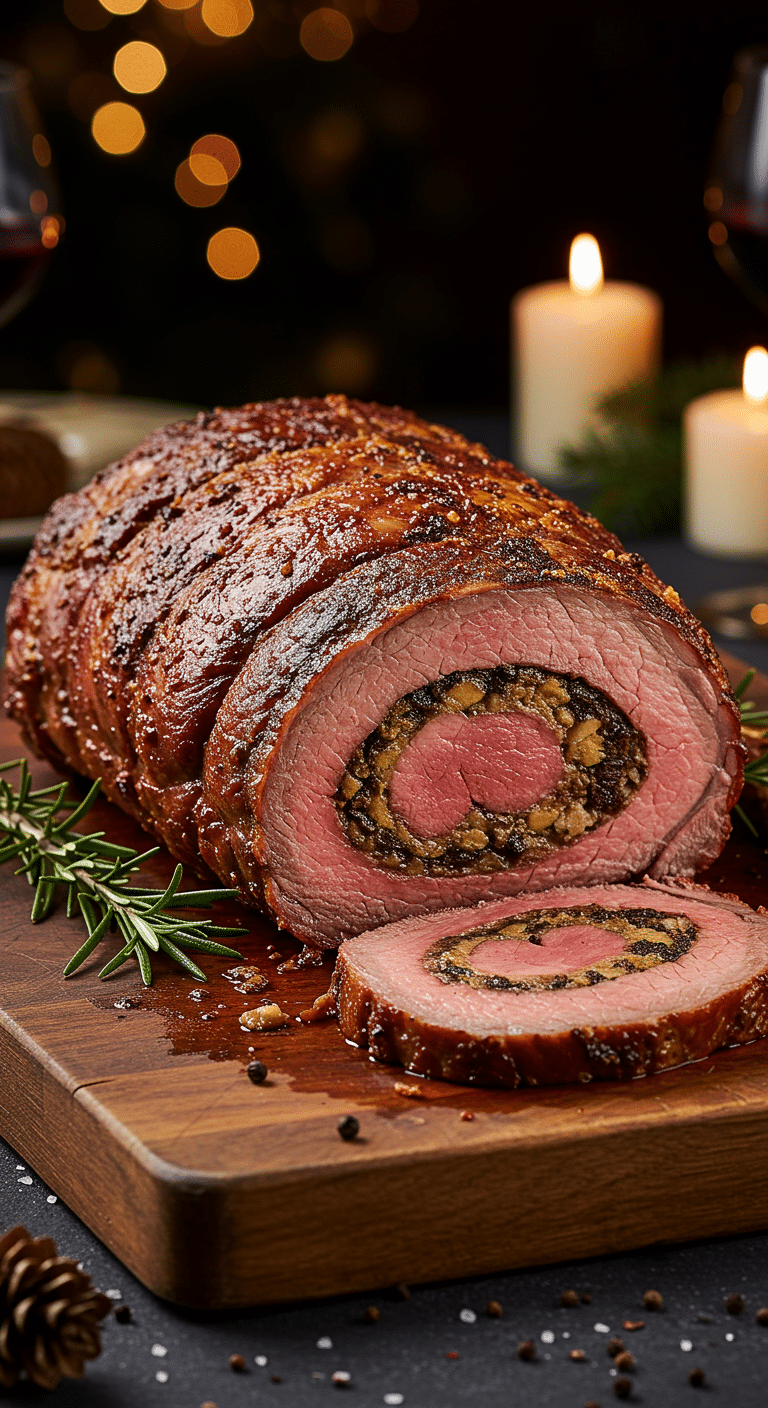 A beautiful, rustic cutting board with a homemade, juicy, and impressive Holiday Stuffed Rib Roast, with a crispy crust and a perfect, rosy-pink interior with a spiral stuffing.