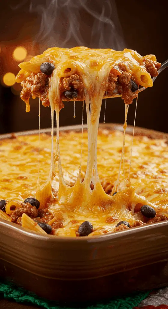 A beautiful, golden-brown homemade Taco Pasta Casserole in a baking dish with a cheesy, colorful, and hearty scoop being lifted out to show an epic cheese pull.