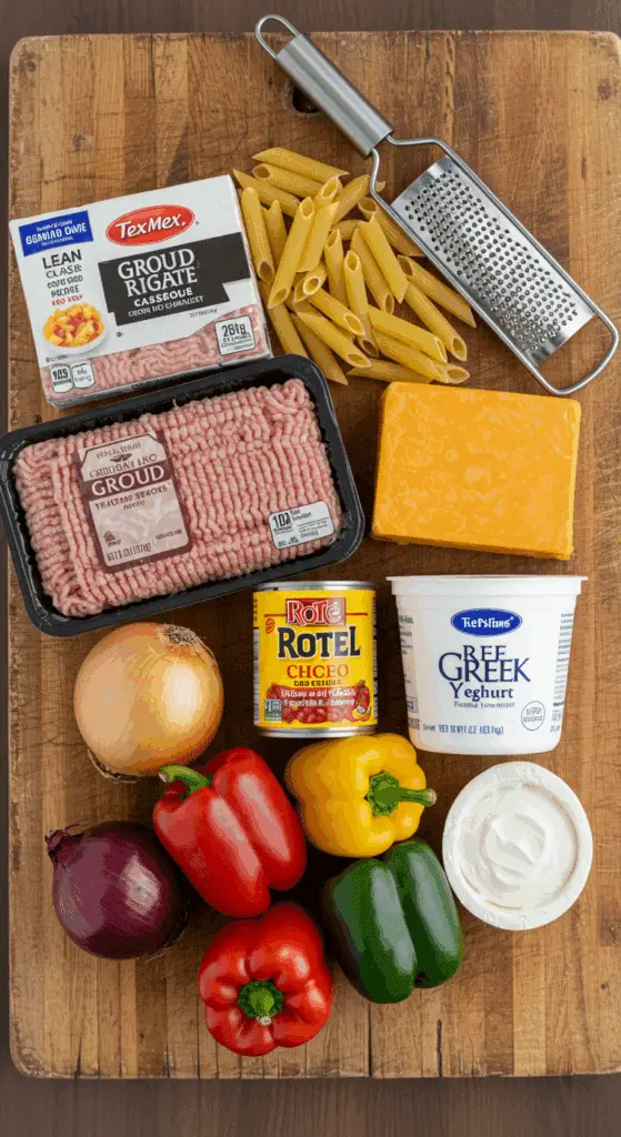 The simple, from-scratch ingredients for the easy and cheesy Taco Pasta Casserole recipe.