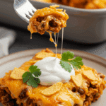 A beautiful, cheesy slice of homemade Taco Pasta Casserole topped with sour cream and cilantro, being served for a family dinner.