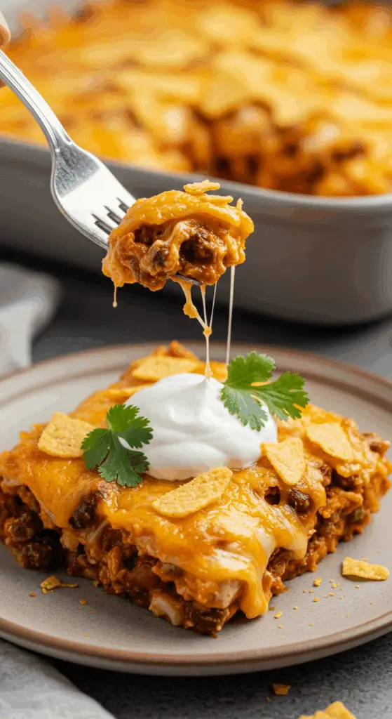 A beautiful, cheesy slice of homemade Taco Pasta Casserole topped with sour cream and cilantro, being served for a family dinner.