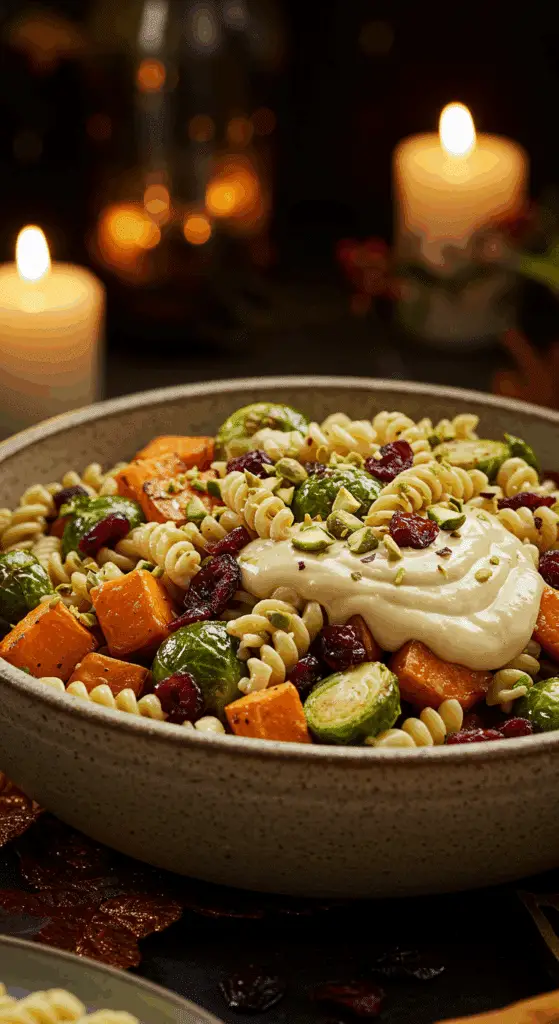 A beautiful, rustic serving bowl of homemade, easy, and festive Thanksgiving Pasta Salad, with roasted vegetables, cranberries, and a creamy tahini dressing.