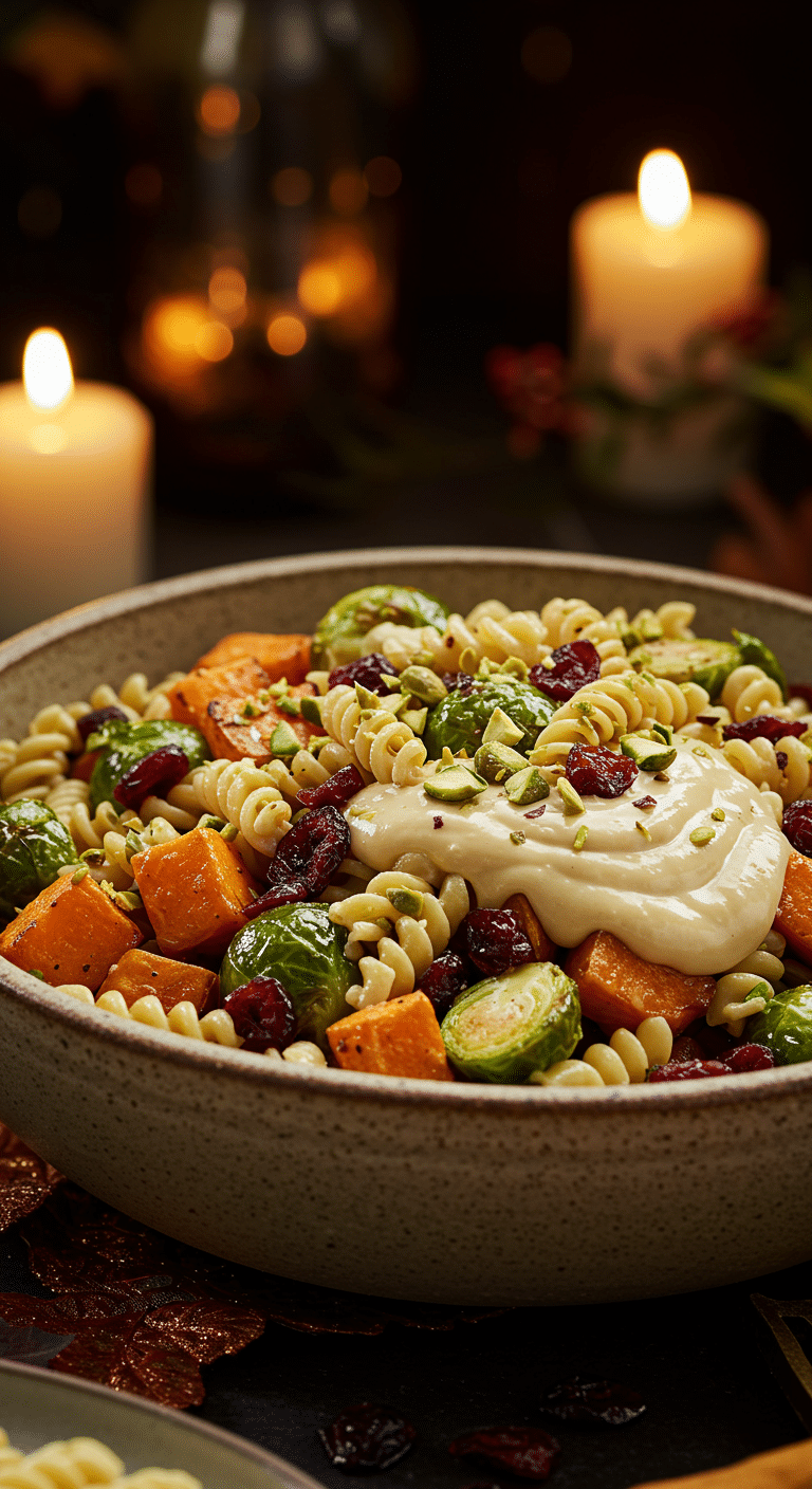 A beautiful, rustic serving bowl of homemade, easy, and festive Thanksgiving Pasta Salad, with roasted vegetables, cranberries, and a creamy tahini dressing.