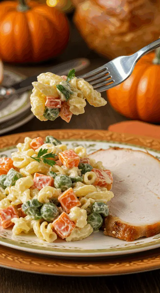 A beautiful plate of a homemade, elegant, and vibrant Thanksgiving Pasta Salad, being served with a thick slice of a roasted turkey at a Thanksgiving dinner.