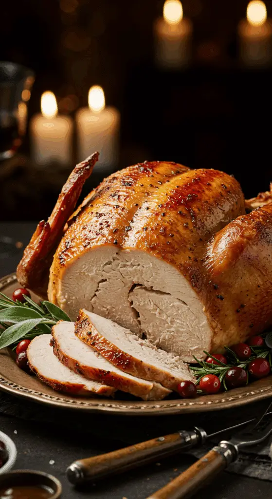 A beautiful, rustic platter with a homemade, juicy, and impressive Thanksgiving Turkey, with a crispy, golden-brown skin and a few thick, moist slices carved from the breast.