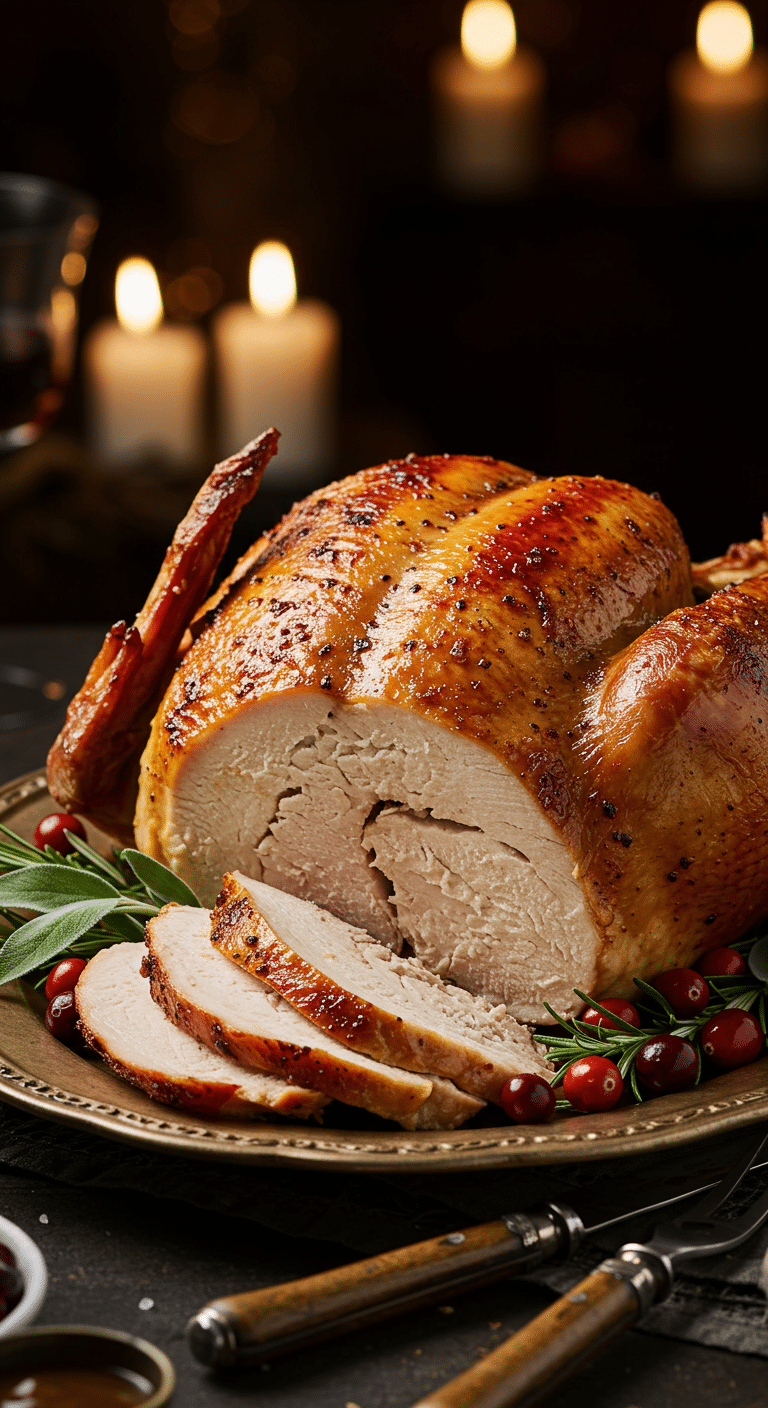 A beautiful, rustic platter with a homemade, juicy, and impressive Thanksgiving Turkey, with a crispy, golden-brown skin and a few thick, moist slices carved from the breast.