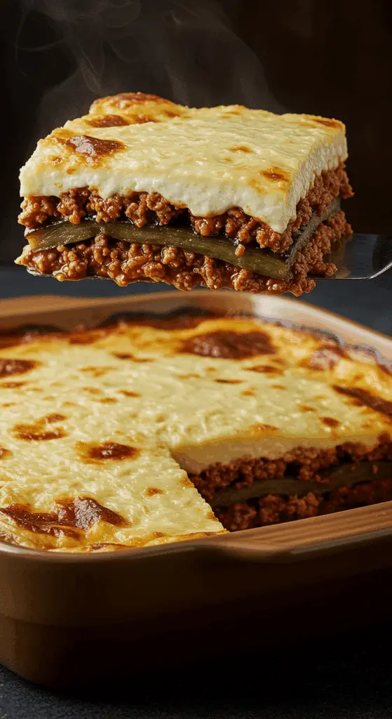A beautiful, golden-brown homemade Ground Turkey Moussaka in a baking dish with a perfect, cheesy, and multi-layered slice being lifted out.