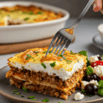 A tall, beautiful slice of homemade, layered Ground Turkey Moussaka being served with a side of a Greek salad for a family dinner.
