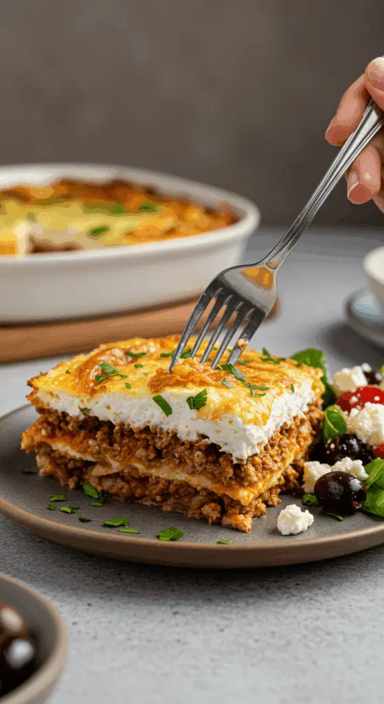 A tall, beautiful slice of homemade, layered Ground Turkey Moussaka being served with a side of a Greek salad for a family dinner.