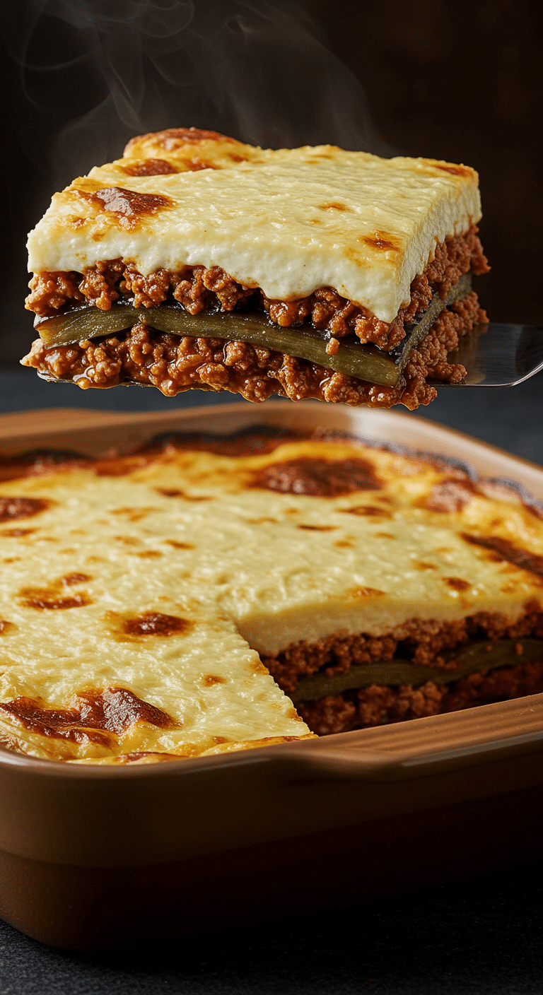 A beautiful, golden-brown homemade Ground Turkey Moussaka in a baking dish with a perfect, cheesy, and multi-layered slice being lifted out.