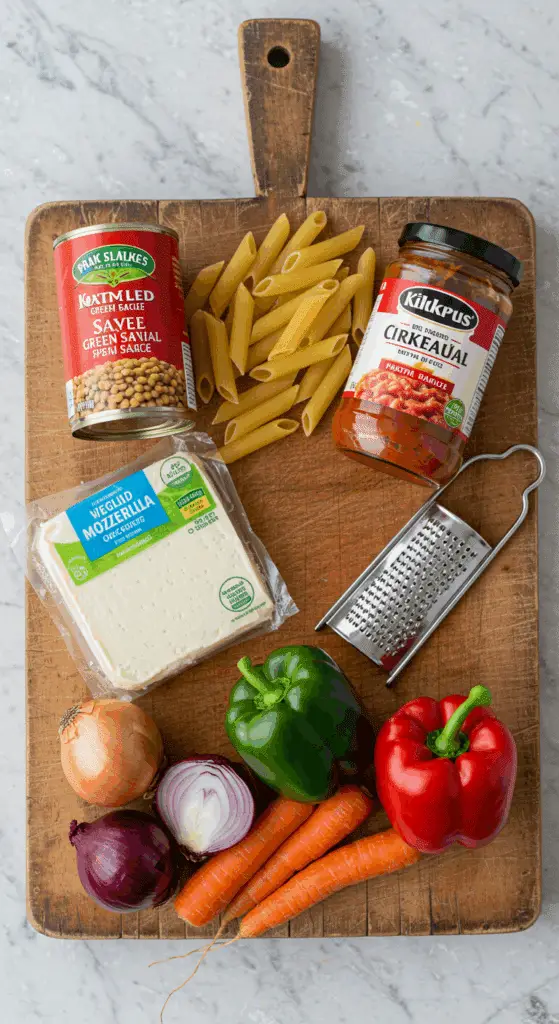 The simple, from-scratch ingredients for the easy and hearty Vegan Pasta Bake recipe.
