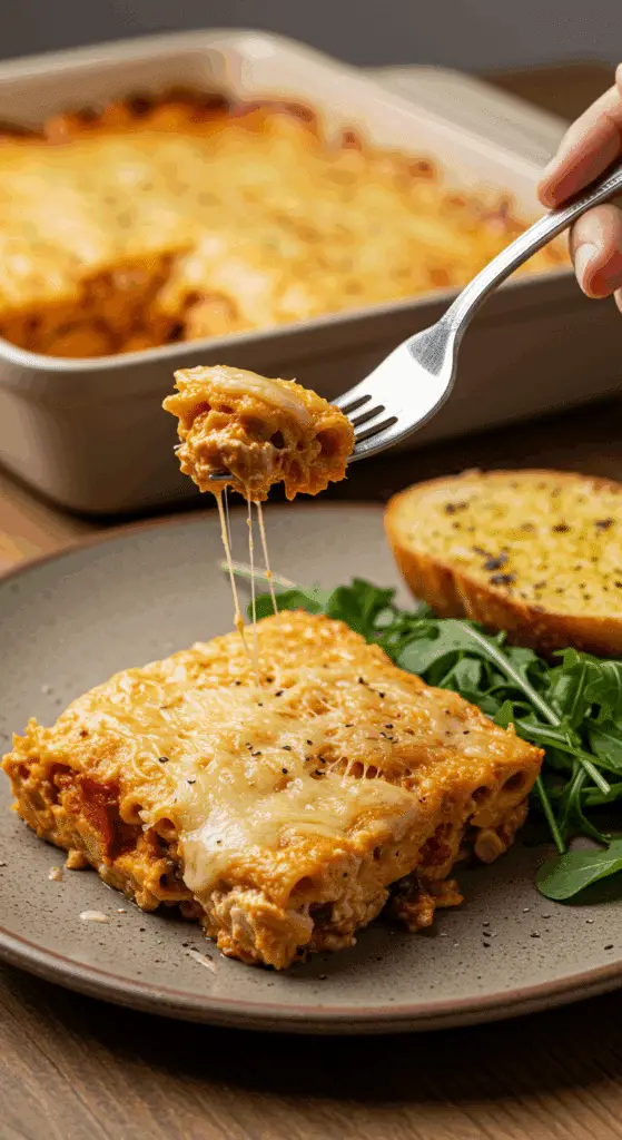 A beautiful, cheesy slice of homemade Vegan Pasta Bake being served with a side of salad and garlic bread for a family dinner.