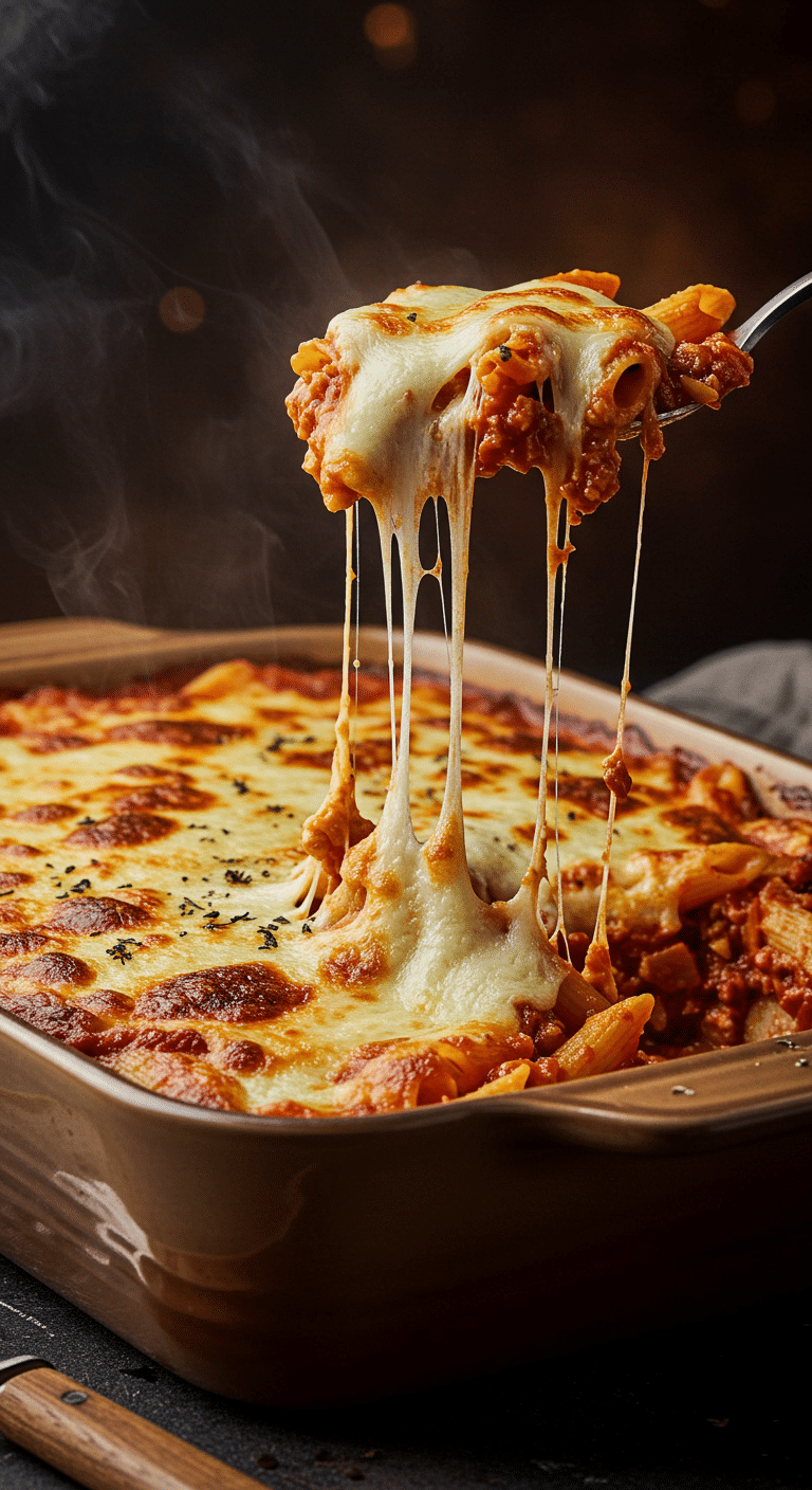 A beautiful, golden-brown homemade Vegan Pasta Bake in a baking dish with a cheesy, colorful, and hearty scoop being lifted out to show an epic vegan cheese pull.
