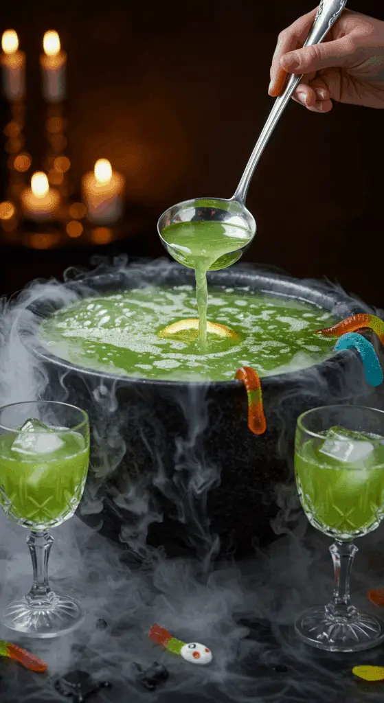 A beautiful, large, cauldron-shaped punch bowl of a homemade, spooky, and green "Witch's Brew" Punch, with a bubbling top, creepy gummy worms, and a dry ice fog effect.