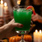 A hand holding an elegant glass of a homemade, green, and spooky "Witch's Brew" Punch at a fun and festive Halloween party.