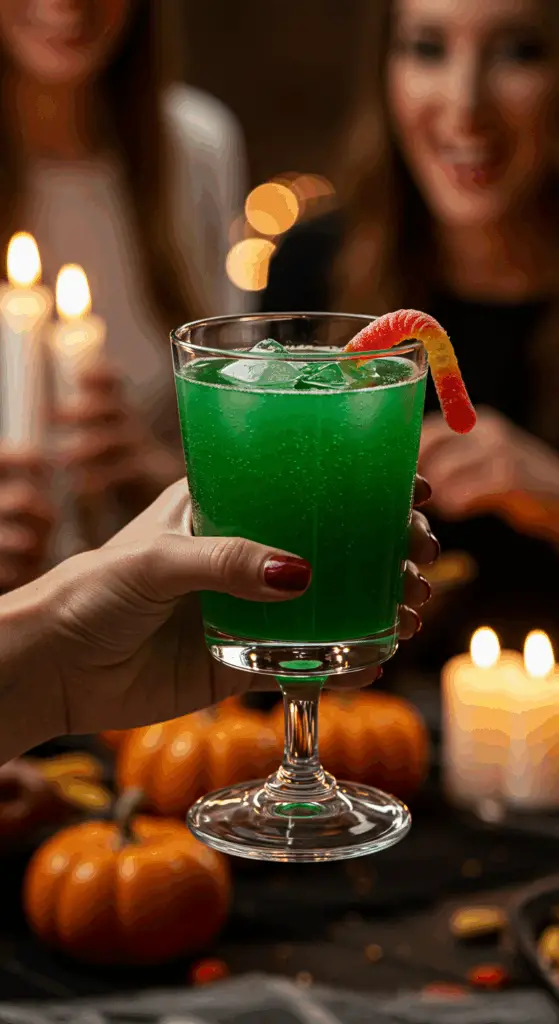 A hand holding an elegant glass of a homemade, green, and spooky "Witch's Brew" Punch at a fun and festive Halloween party.