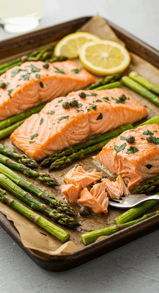 A beautiful, overhead shot of a homemade, one-pan meal of easy Sheet Pan Salmon and Asparagus, glistening with a lemon-caper butter sauce.