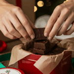 A pair of hands carefully arranging beautiful, rich, dark chocolate squares of "Grandma's Christmas Candy" in a festive, red holiday tin as a homemade Christmas gift.