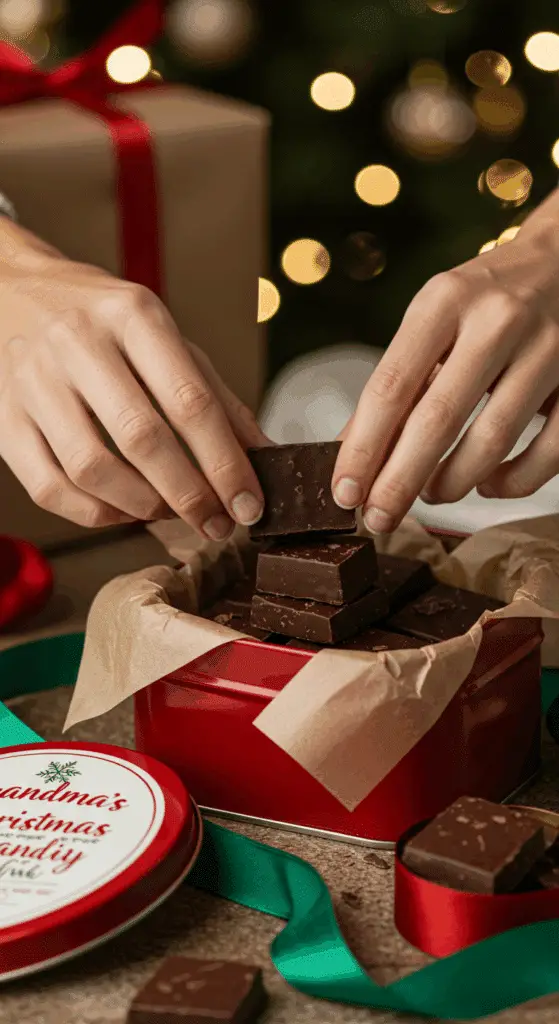A pair of hands carefully arranging beautiful, rich, dark chocolate squares of "Grandma's Christmas Candy" in a festive, red holiday tin as a homemade Christmas gift.