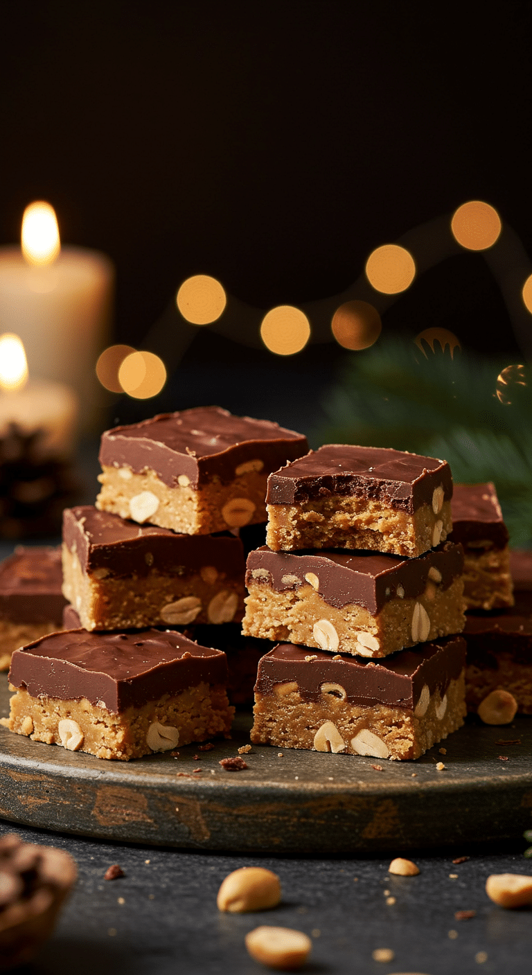 A beautiful, rustic platter of homemade, festive, and 3-ingredient "Grandma's Christmas Candy," with one broken in half to show the crunchy, peanut-studded interior.