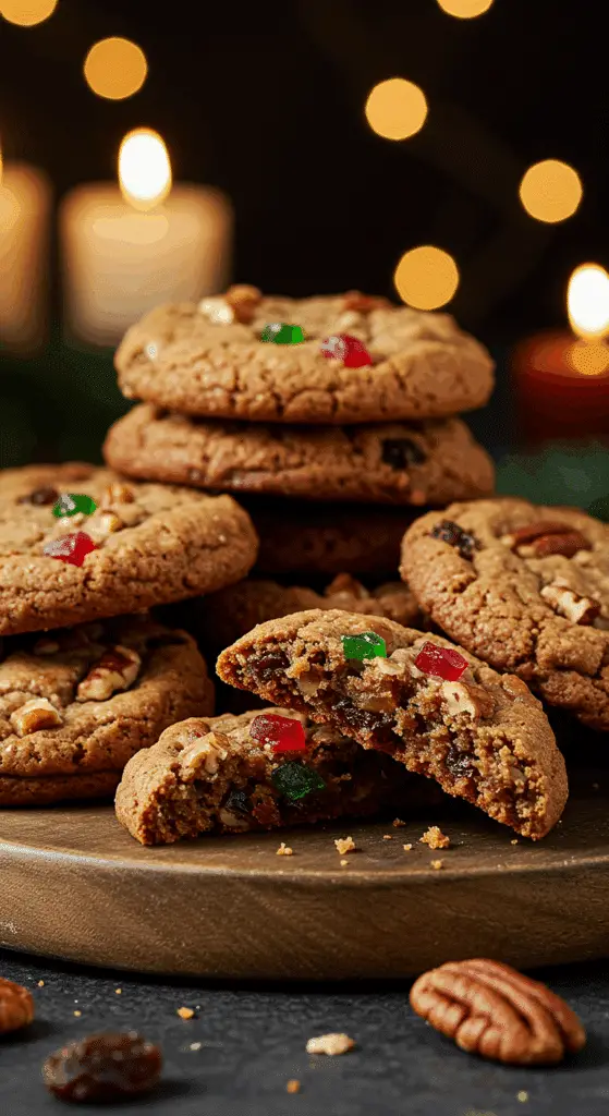 A beautiful, rustic platter of homemade, festive, and chewy "Aunt Bert's" Fruitcake Cookies, with one broken in half to show the moist, fruit-and-nut-packed interior.