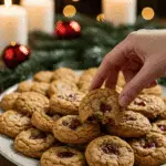 The impressive, homemade platter of beautiful and festive "Aunt Bert's" Fruitcake Cookies being served as the centerpiece on a cookie platter at a sophisticated Christmas party.
